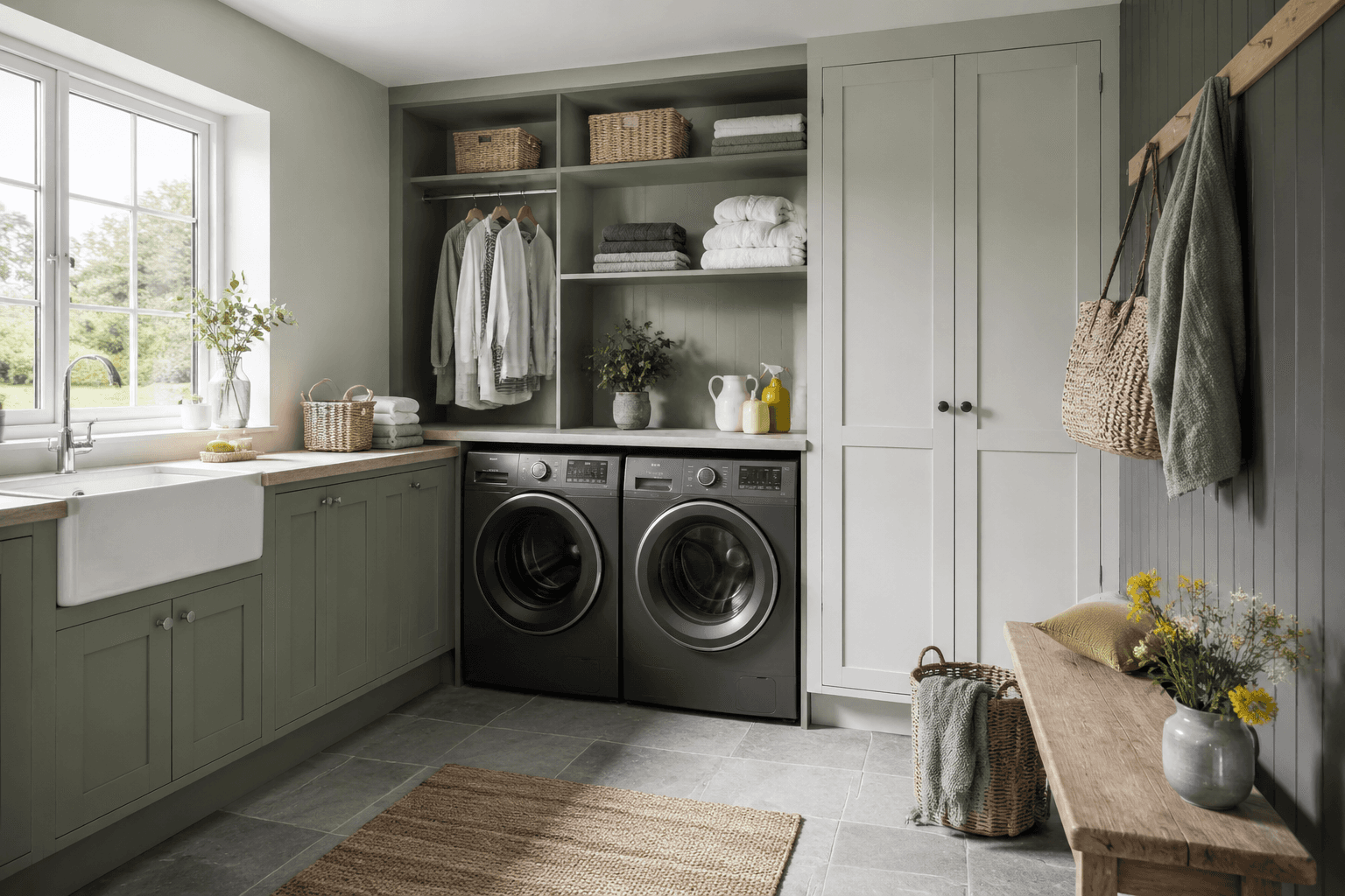 Tidy utility room with neatly organized laundry storage