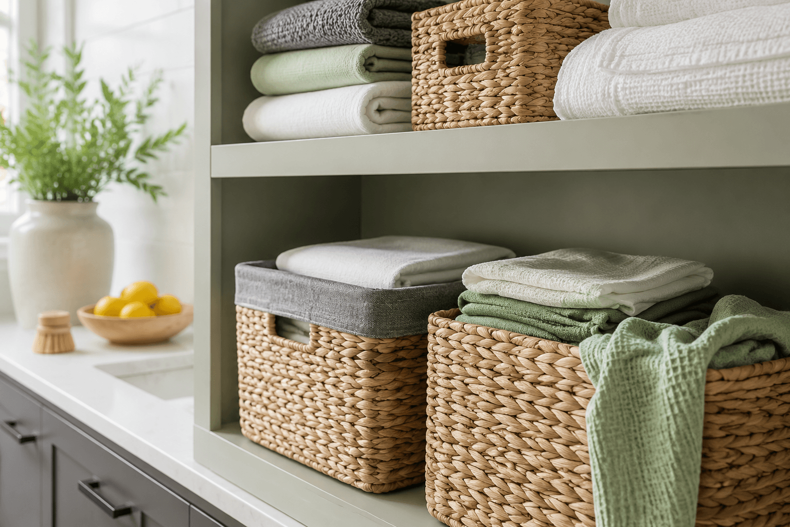 Durable woven baskets and folded linens on open shelving