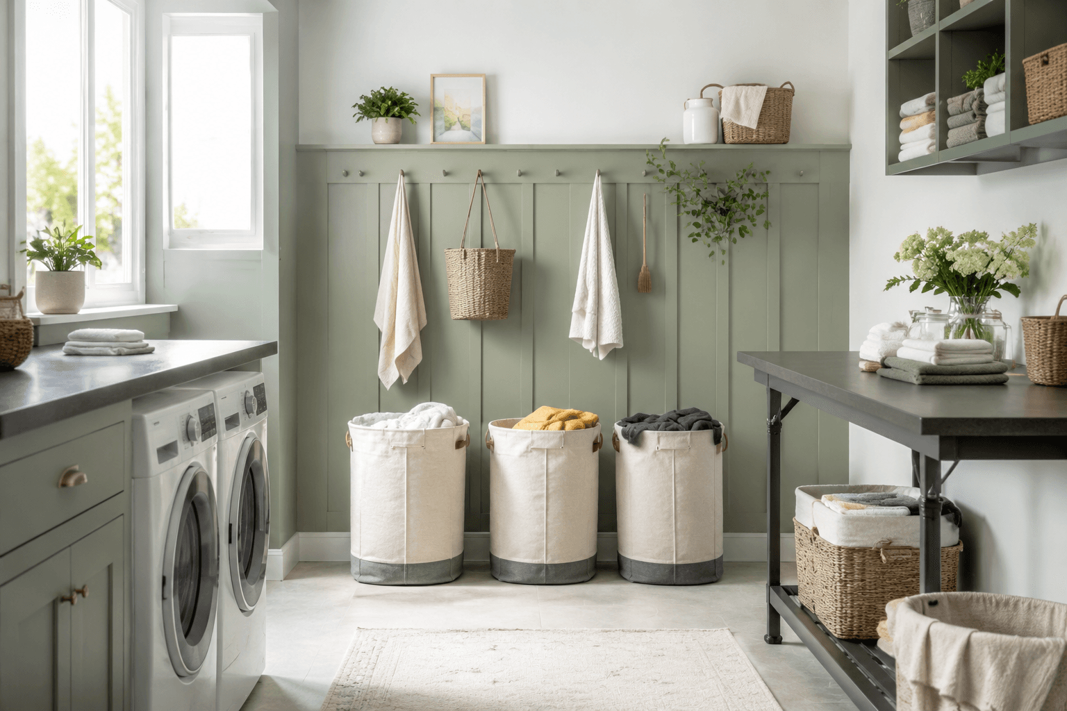 Bright, tidy laundry room with sorting baskets and a folding table