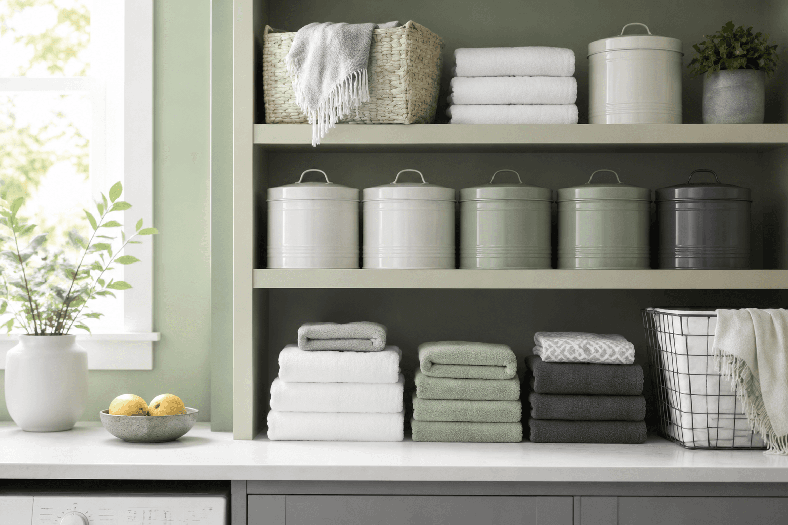 Organized laundry shelf with labeled tins