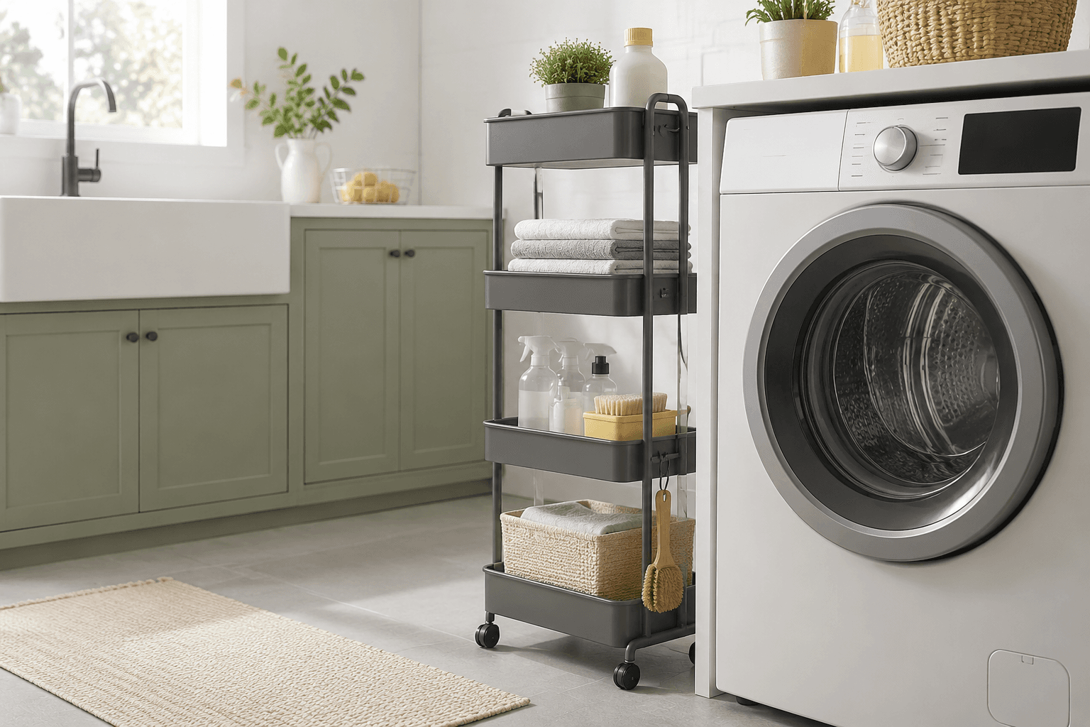 Slim rolling cart beside a washing machine