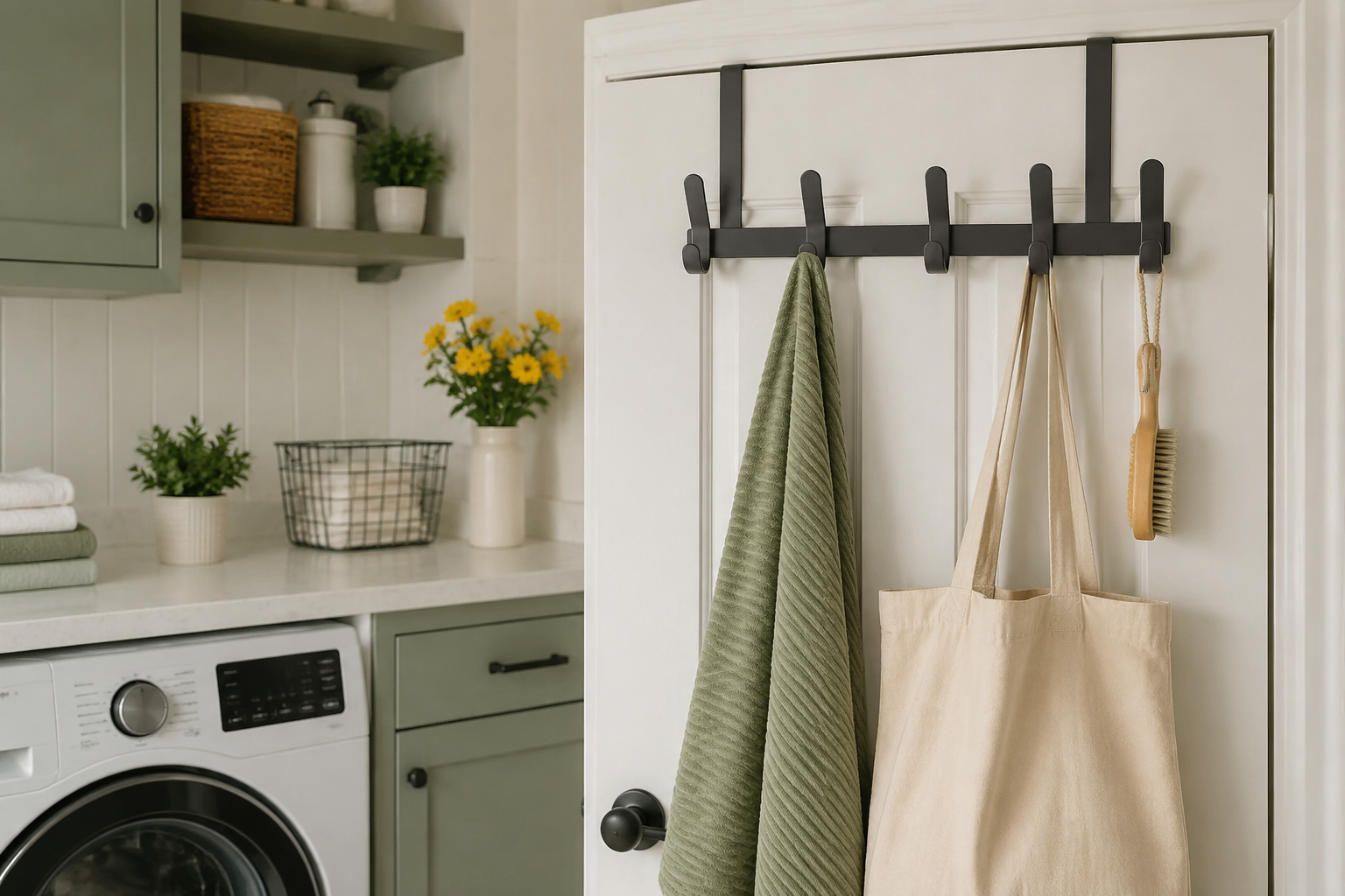 Over-Door Utility Hooks in a tidy utility room